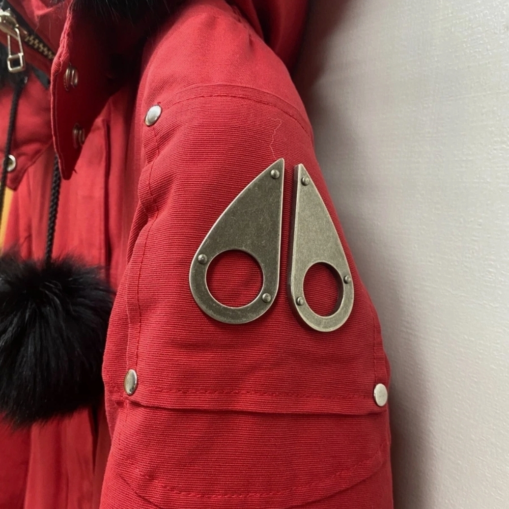 Moose Knuckles Kids Red Puffer Jacket with Metal Emblem